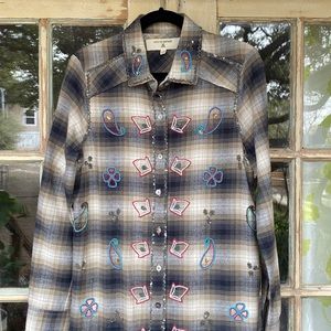 MISS ME VINTAGE Beaded Flannel Shirt sz S